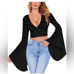 Black v neck bell sleeve crop top.